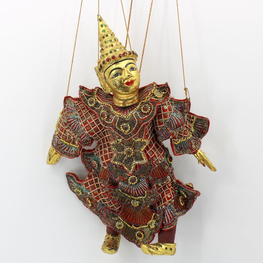 Handmade Traditional Burmese Puppet Gold Face Ornate Costume Strings Attached
